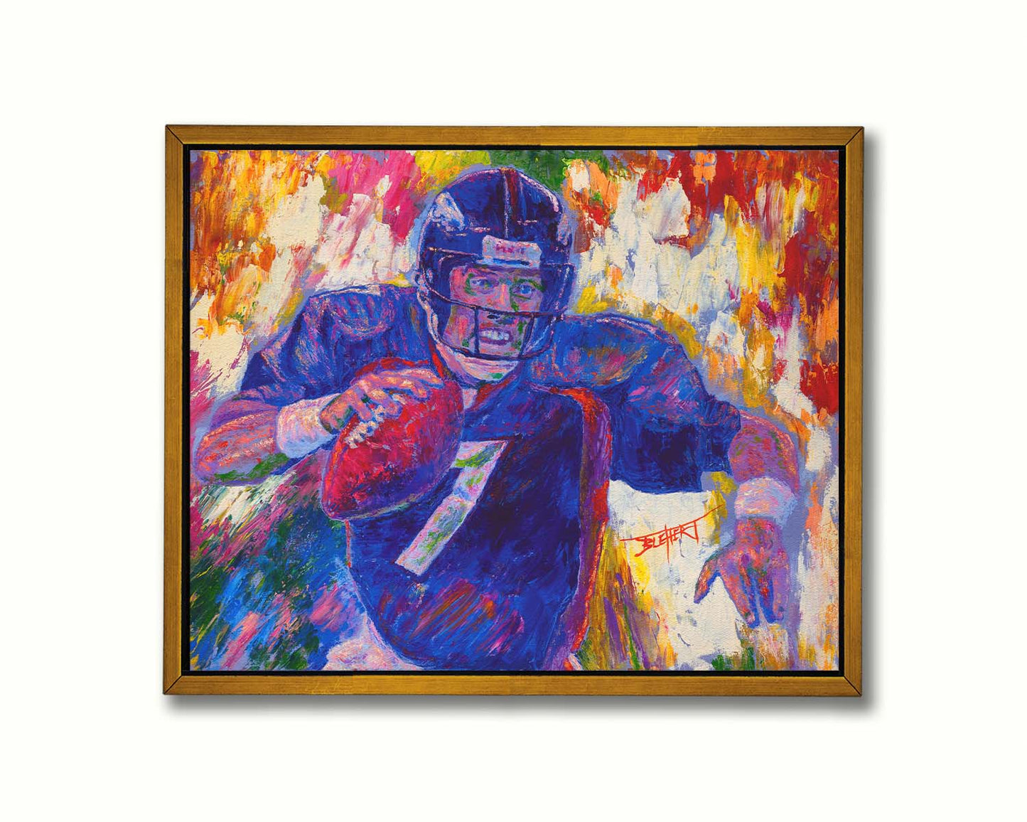 A painting of John Elway running a football as part of the Denver Broncos. Printed on canvas in a float frame.