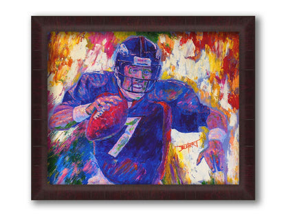 A painting of John Elway running a football as part of the Denver Broncos. Printed on canvas and framed.