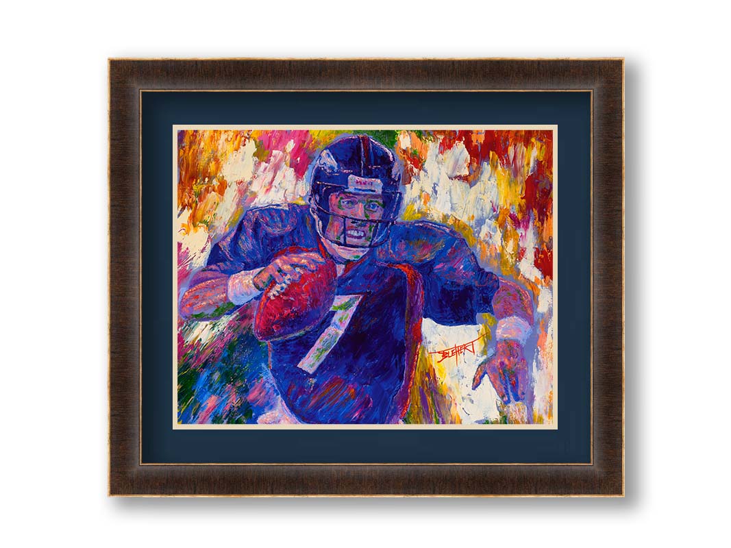 A painting of John Elway running a football as part of the Denver Broncos. Printed on paper, matted, and framed.