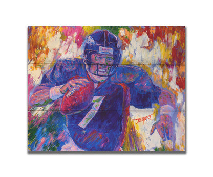 A painting of John Elway running a football as part of the Denver Broncos. Printed on a box board.