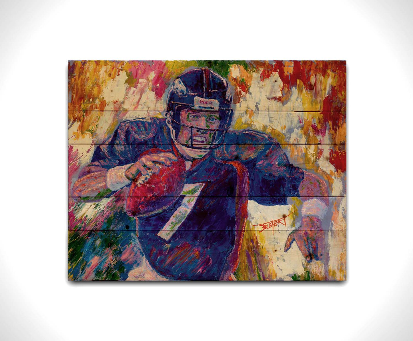 A painting of John Elway running a football as part of the Denver Broncos. Printed on a wood pallet.