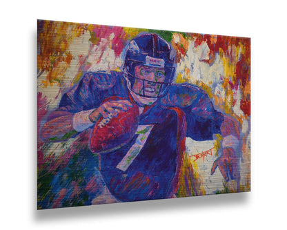 A painting of John Elway running a football as part of the Denver Broncos. Printed on metal.