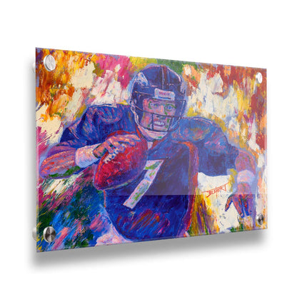 A painting of John Elway running a football as part of the Denver Broncos. Printed on acrylic.