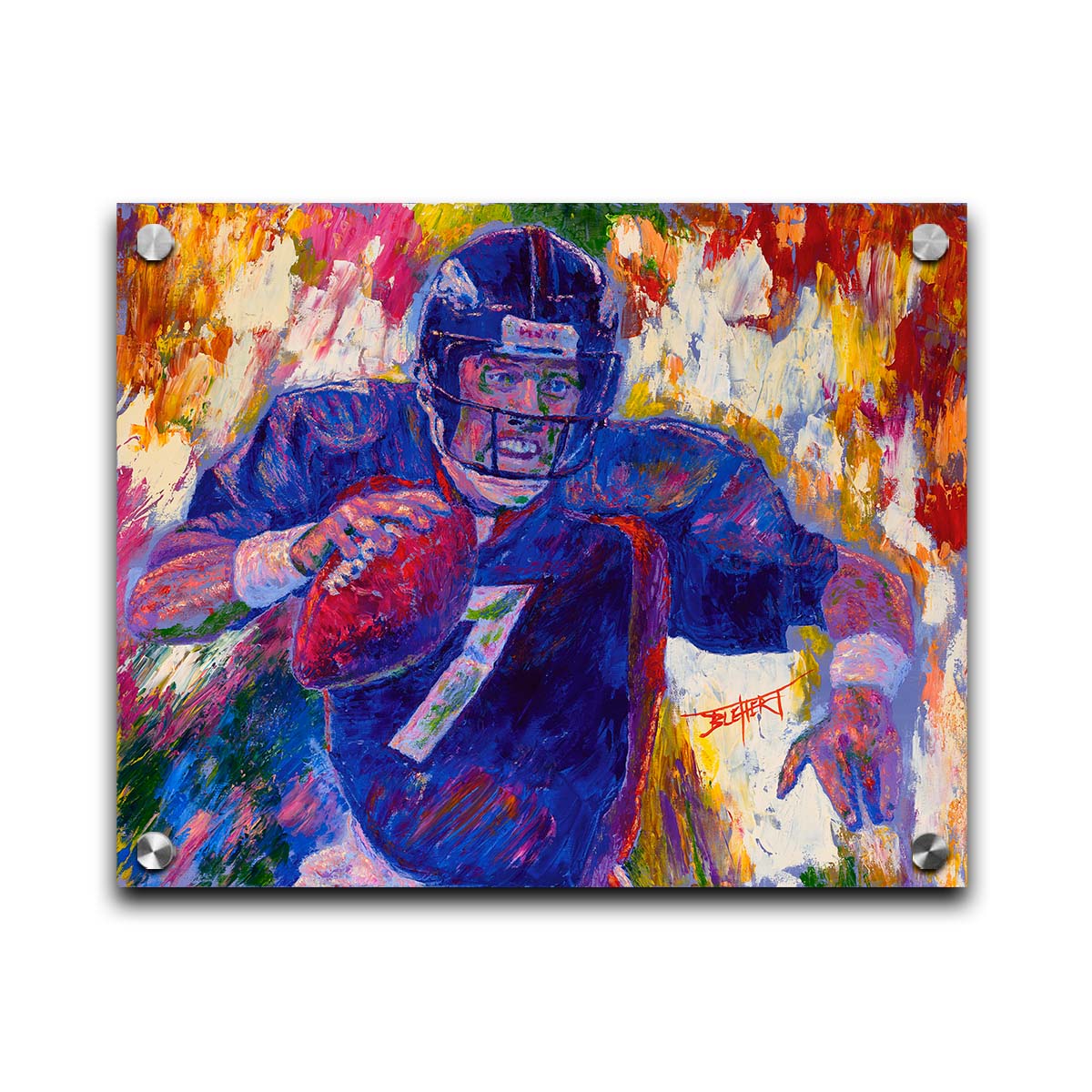 A painting of John Elway running a football as part of the Denver Broncos. Printed on acrylic.