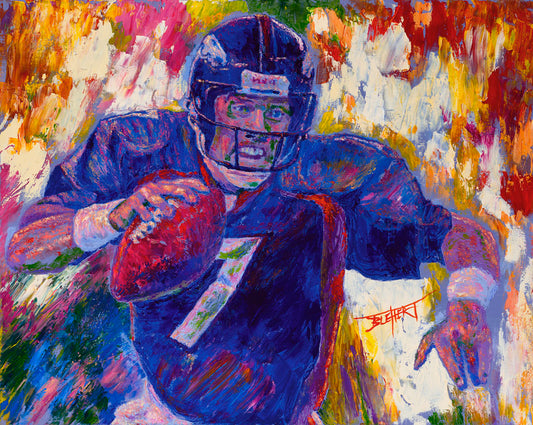 A painting of John Elway running a football as part of the Denver Broncos.