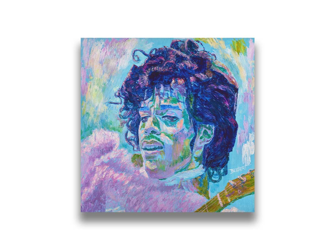 A painting of legendary musician Prince, holding a guitar. Printed on canvas.