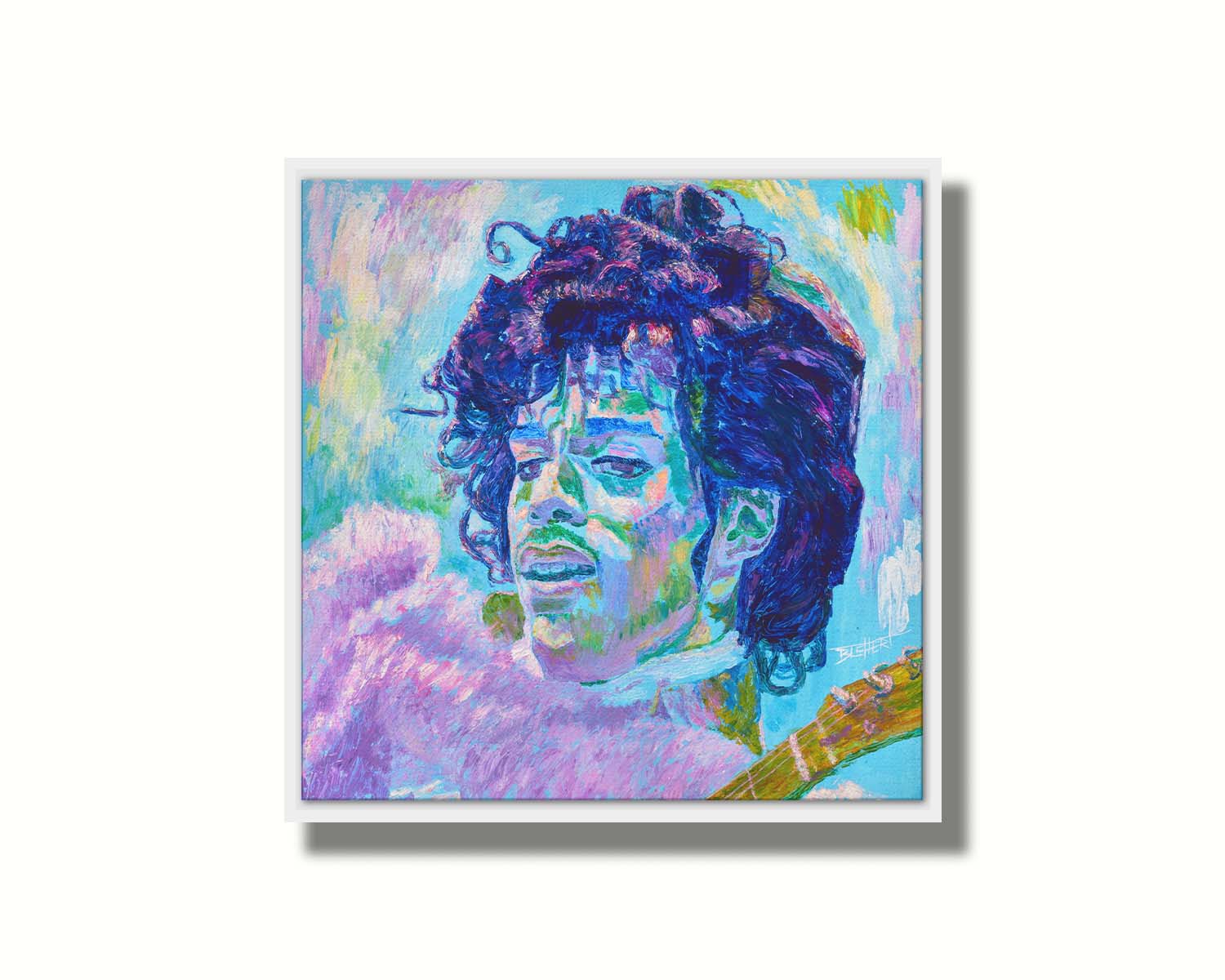 A painting of legendary musician Prince, holding a guitar. Printed on canvas in a float frame.