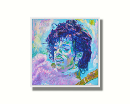 A painting of legendary musician Prince, holding a guitar. Printed on canvas in a float frame.