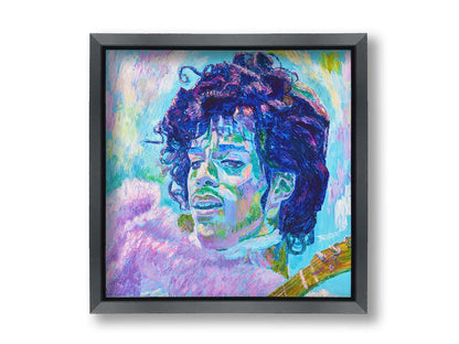 A painting of legendary musician Prince, holding a guitar. Printed on canvas and framed.