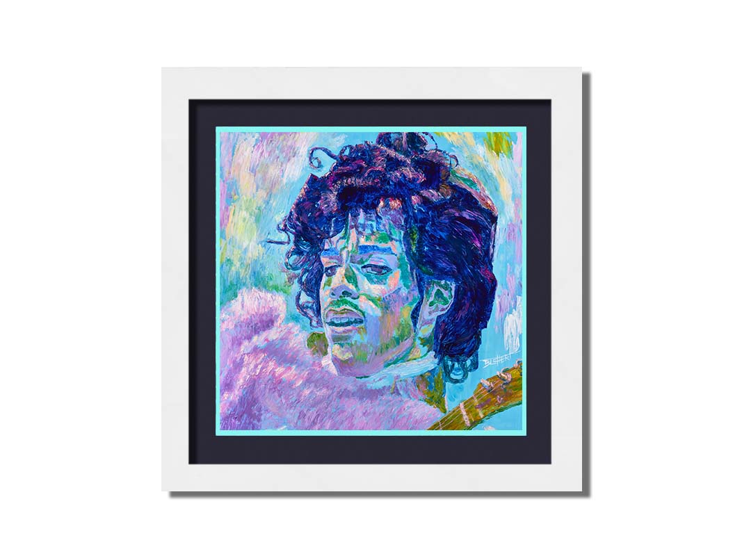 A painting of legendary musician Prince, holding a guitar. Printed on paper, matted, and framed.