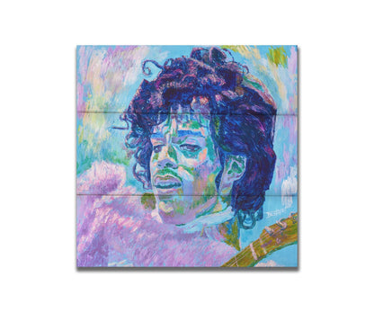 A painting of legendary musician Prince, holding a guitar. Printed on a box board.