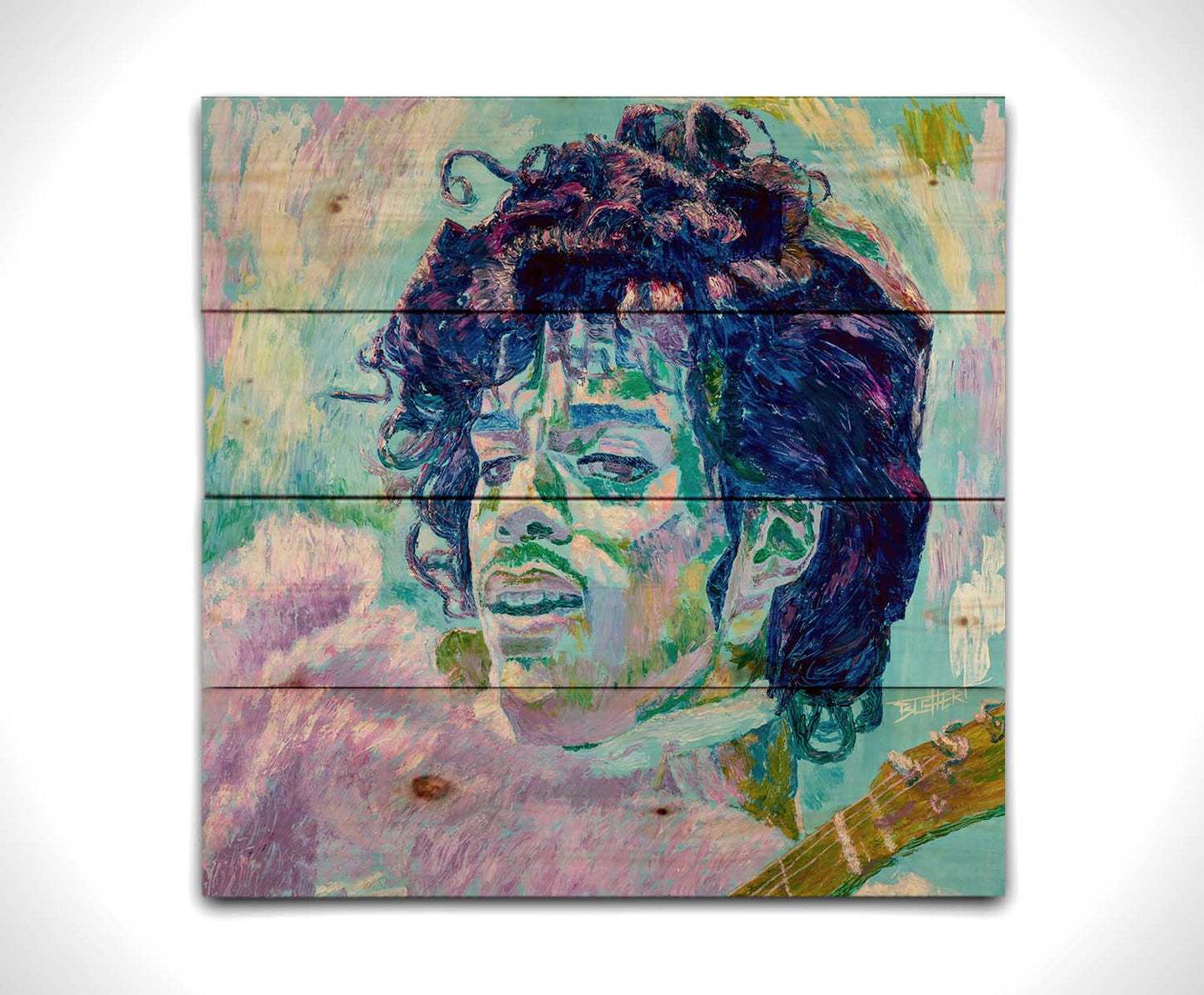 A painting of legendary musician Prince, holding a guitar. Printed on a wood pallet.