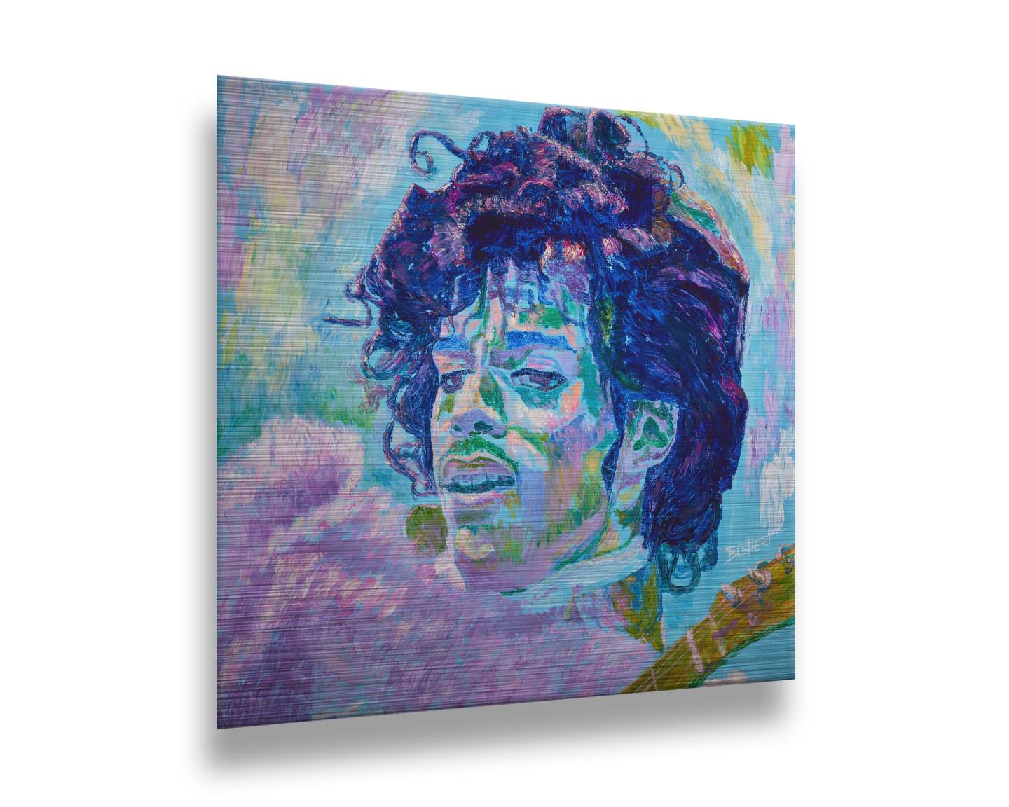 A painting of legendary musician Prince, holding a guitar. Printed on metal.