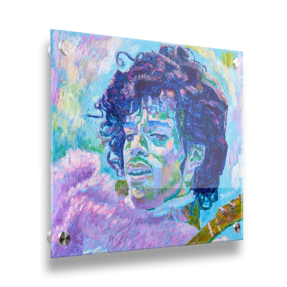 A painting of legendary musician Prince, holding a guitar. Printed on acrylic.