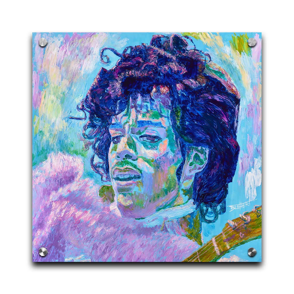 A painting of legendary musician Prince, holding a guitar. Printed on acrylic.