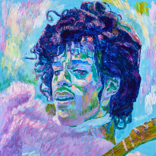 A painting of legendary musician Prince, holding a guitar.