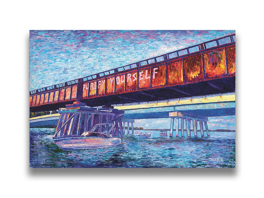 A painting of boats on the water, passing under an orange metal bridge. On the side of the bridge, 