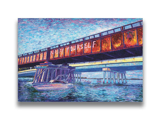 A painting of boats on the water, passing under an orange metal bridge. On the side of the bridge, "purify yourself" is written in white graffiti. Printed on canvas.