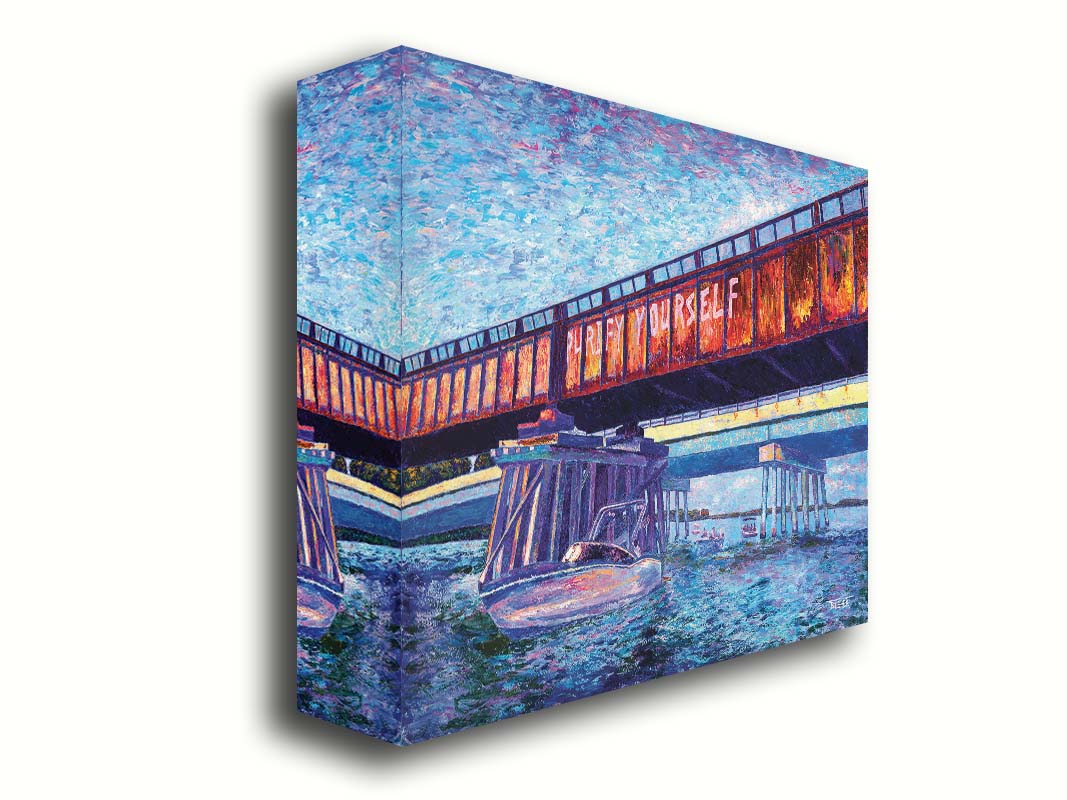 A painting of boats on the water, passing under an orange metal bridge. On the side of the bridge, 