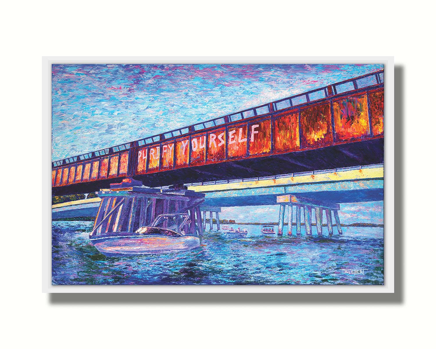 A painting of boats on the water, passing under an orange metal bridge. On the side of the bridge, 