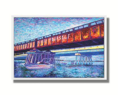 A painting of boats on the water, passing under an orange metal bridge. On the side of the bridge, "purify yourself" is written in white graffiti. Printed on canvas in a float frame.