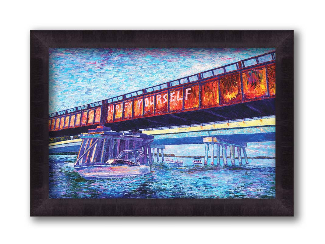 A painting of boats on the water, passing under an orange metal bridge. On the side of the bridge, "purify yourself" is written in white graffiti. Printed on canvas and framed.