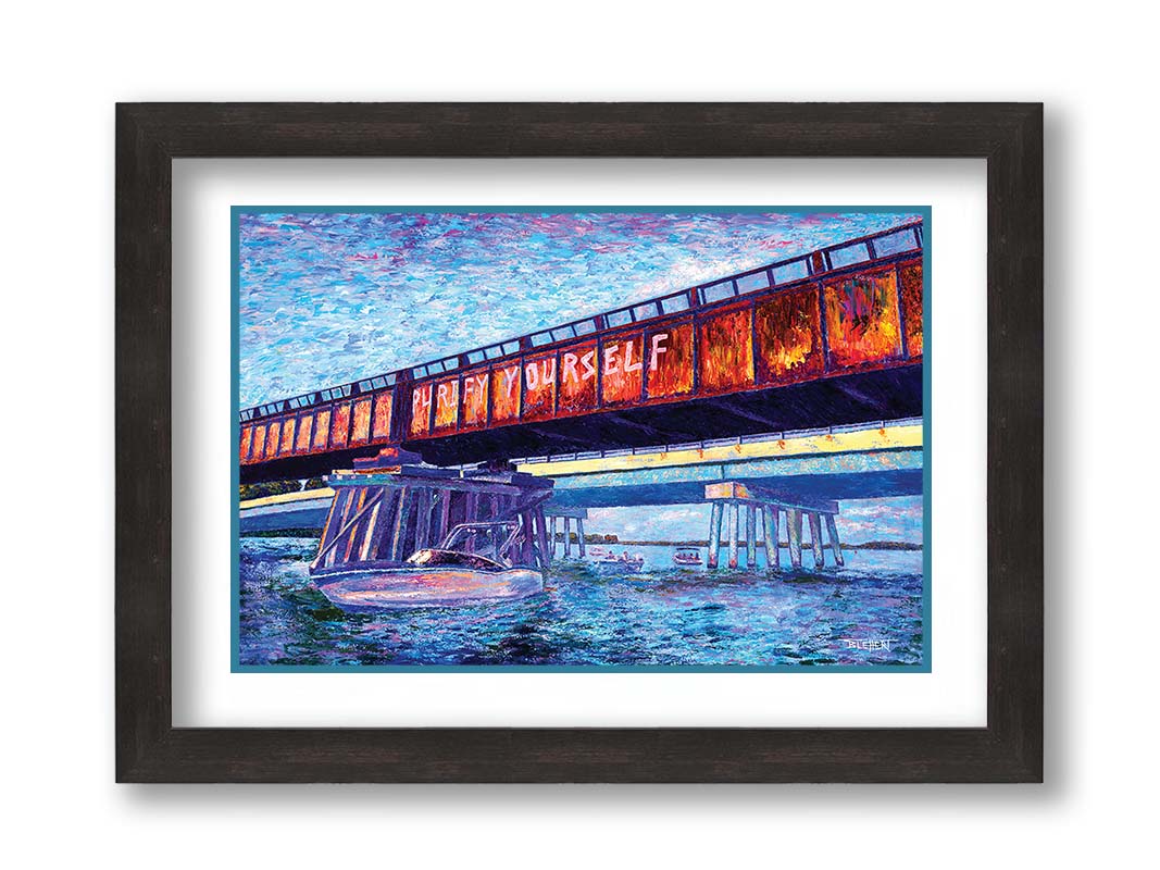 A painting of boats on the water, passing under an orange metal bridge. On the side of the bridge, 
