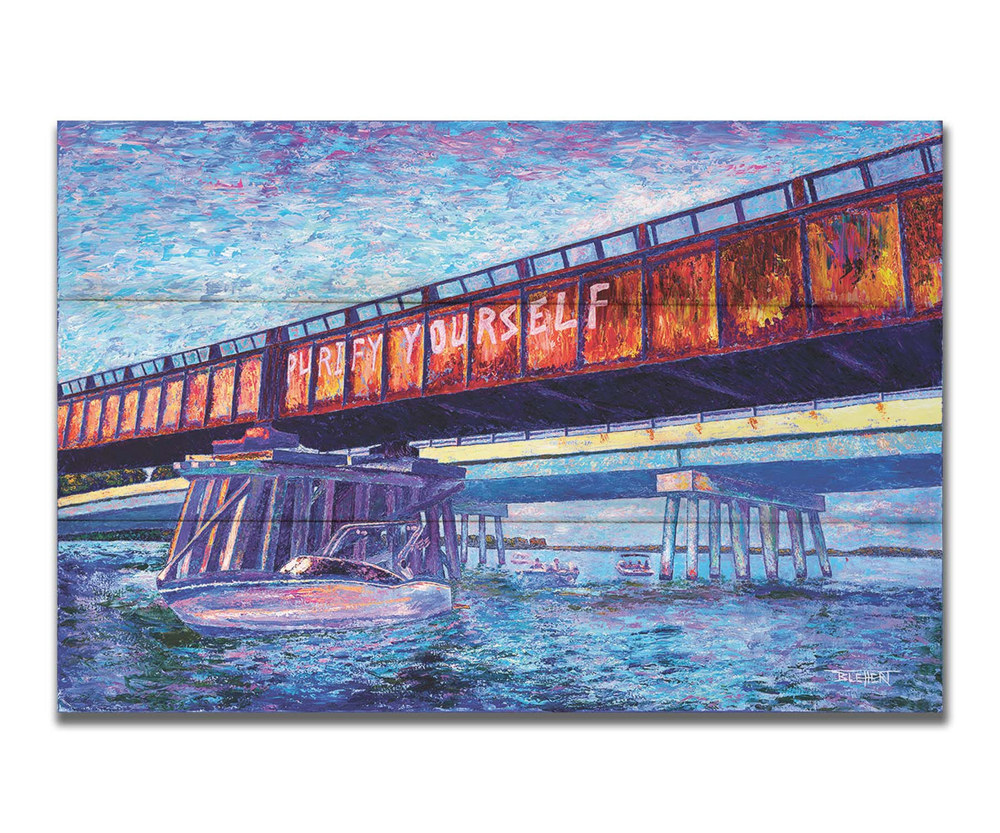 A painting of boats on the water, passing under an orange metal bridge. On the side of the bridge, "purify yourself" is written in white graffiti. Printed on a box board.