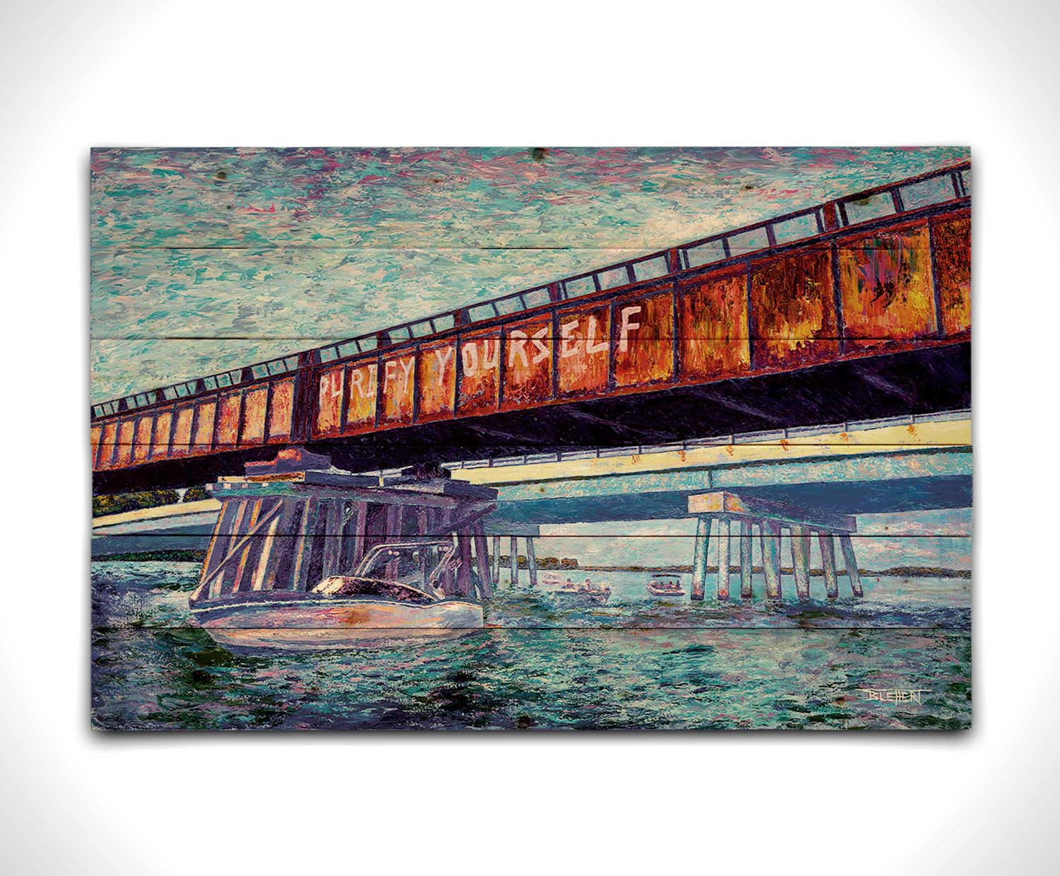 A painting of boats on the water, passing under an orange metal bridge. On the side of the bridge, 