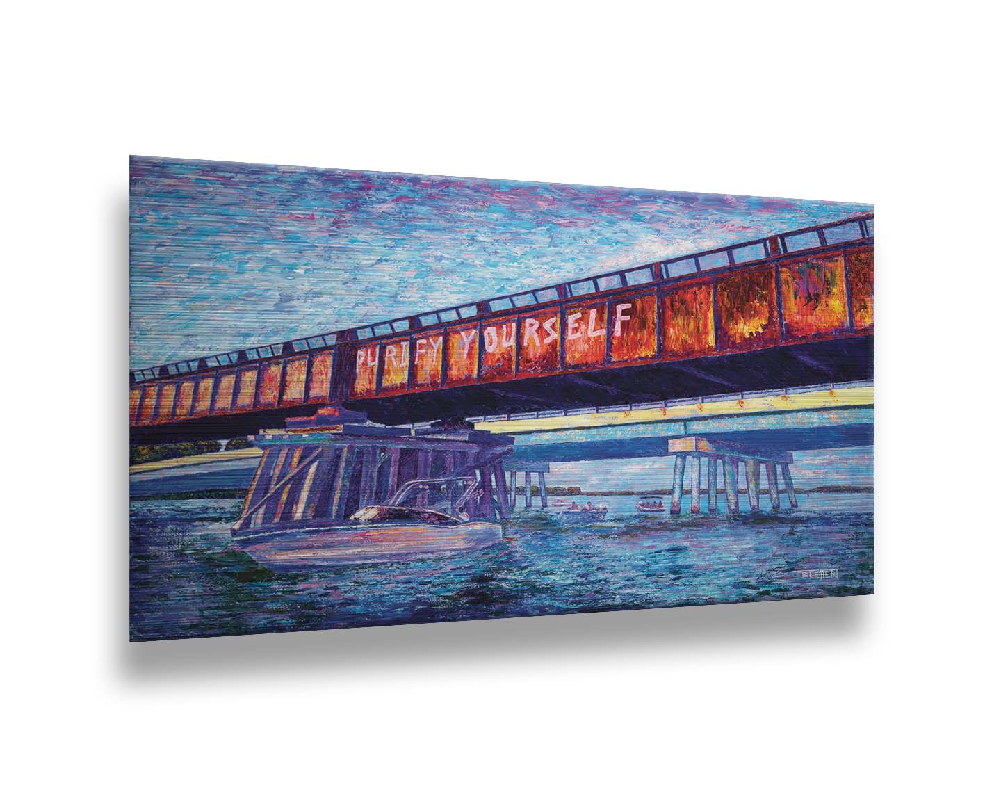 A painting of boats on the water, passing under an orange metal bridge. On the side of the bridge, 