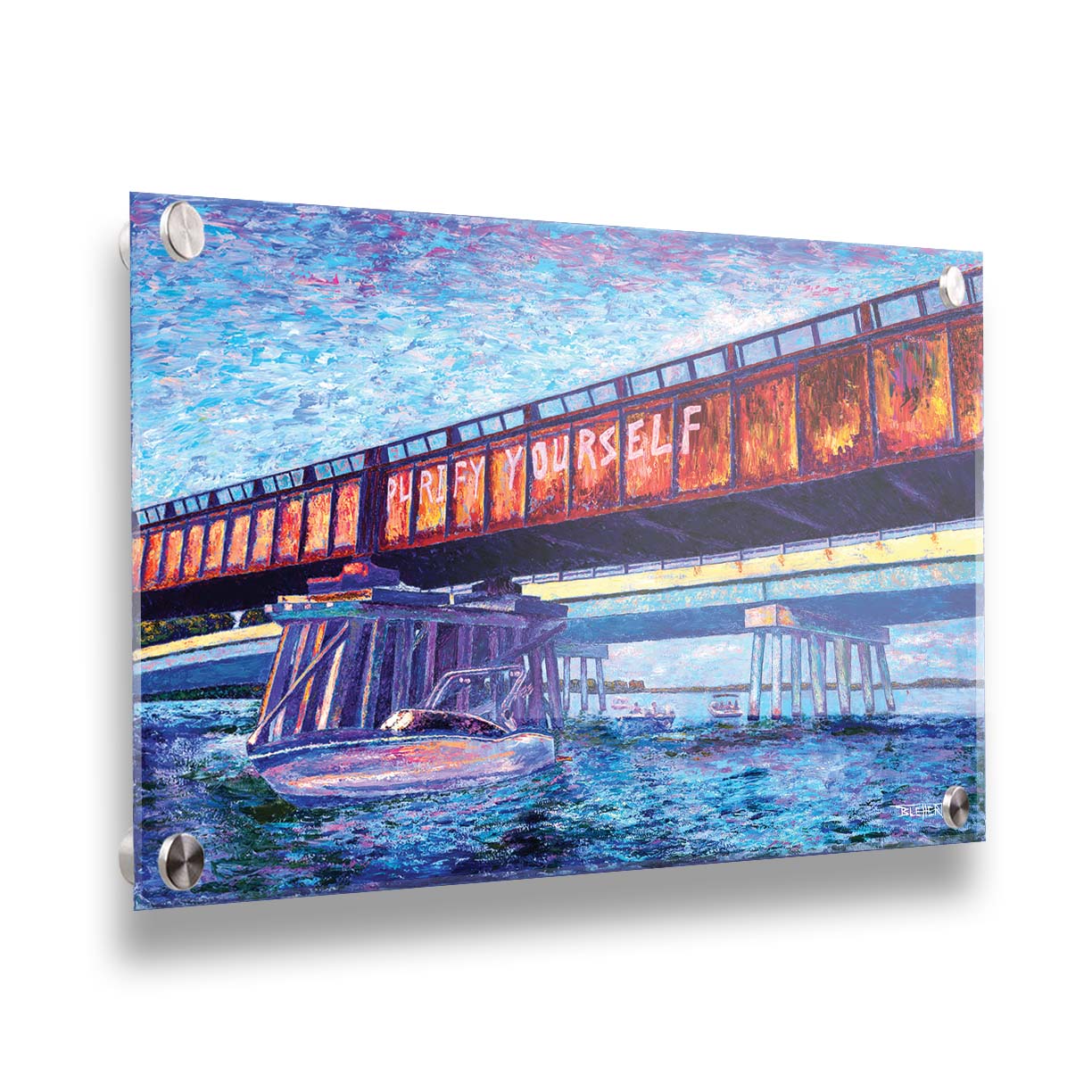 A painting of boats on the water, passing under an orange metal bridge. On the side of the bridge, 
