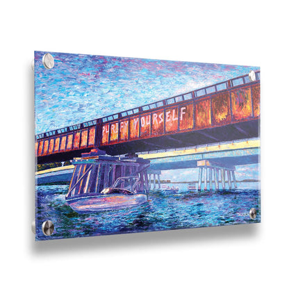 A painting of boats on the water, passing under an orange metal bridge. On the side of the bridge, "purify yourself" is written in white graffiti. Printed on acrylic.