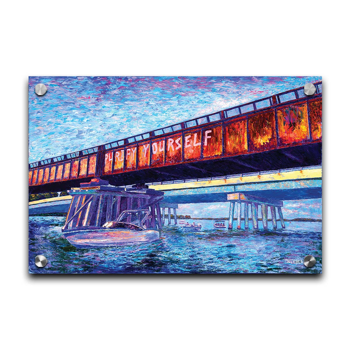 A painting of boats on the water, passing under an orange metal bridge. On the side of the bridge, 