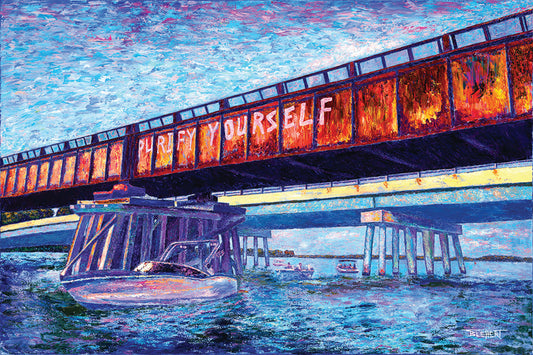 A painting of boats on the water, passing under an orange metal bridge. On the side of the bridge, "purify yourself" is written in white graffiti.