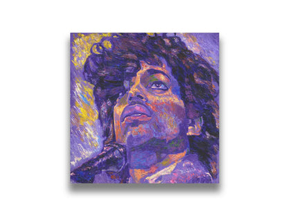 A closeup portrait painting of the famous musician Prince, performing at a microphone. It utilizes a primarily purple color palette, contrasted with yellow accents. Printed on canvas.