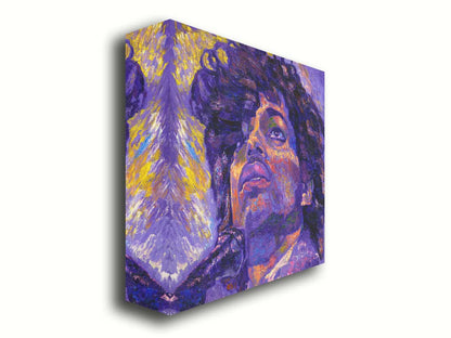 A closeup portrait painting of the famous musician Prince, performing at a microphone. It utilizes a primarily purple color palette, contrasted with yellow accents. Printed on canvas.