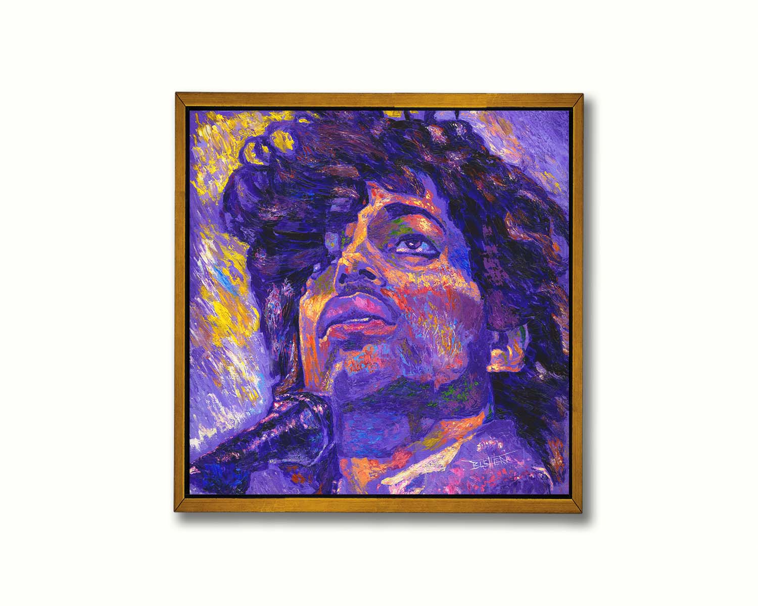 A closeup portrait painting of the famous musician Prince, performing at a microphone. It utilizes a primarily purple color palette, contrasted with yellow accents. Printed on canvas in a float frame.