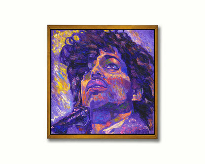 A closeup portrait painting of the famous musician Prince, performing at a microphone. It utilizes a primarily purple color palette, contrasted with yellow accents. Printed on canvas in a float frame.