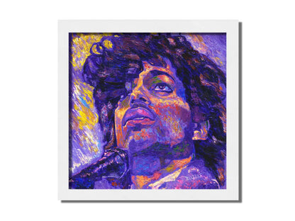 A closeup portrait painting of the famous musician Prince, performing at a microphone. It utilizes a primarily purple color palette, contrasted with yellow accents. Printed on canvas and framed.