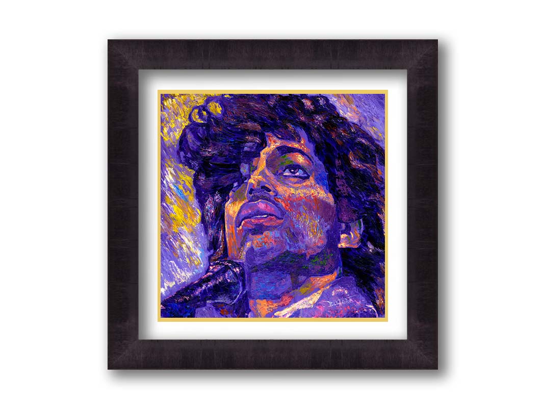 A closeup portrait painting of the famous musician Prince, performing at a microphone. It utilizes a primarily purple color palette, contrasted with yellow accents. Printed on paper, matted, and framed.