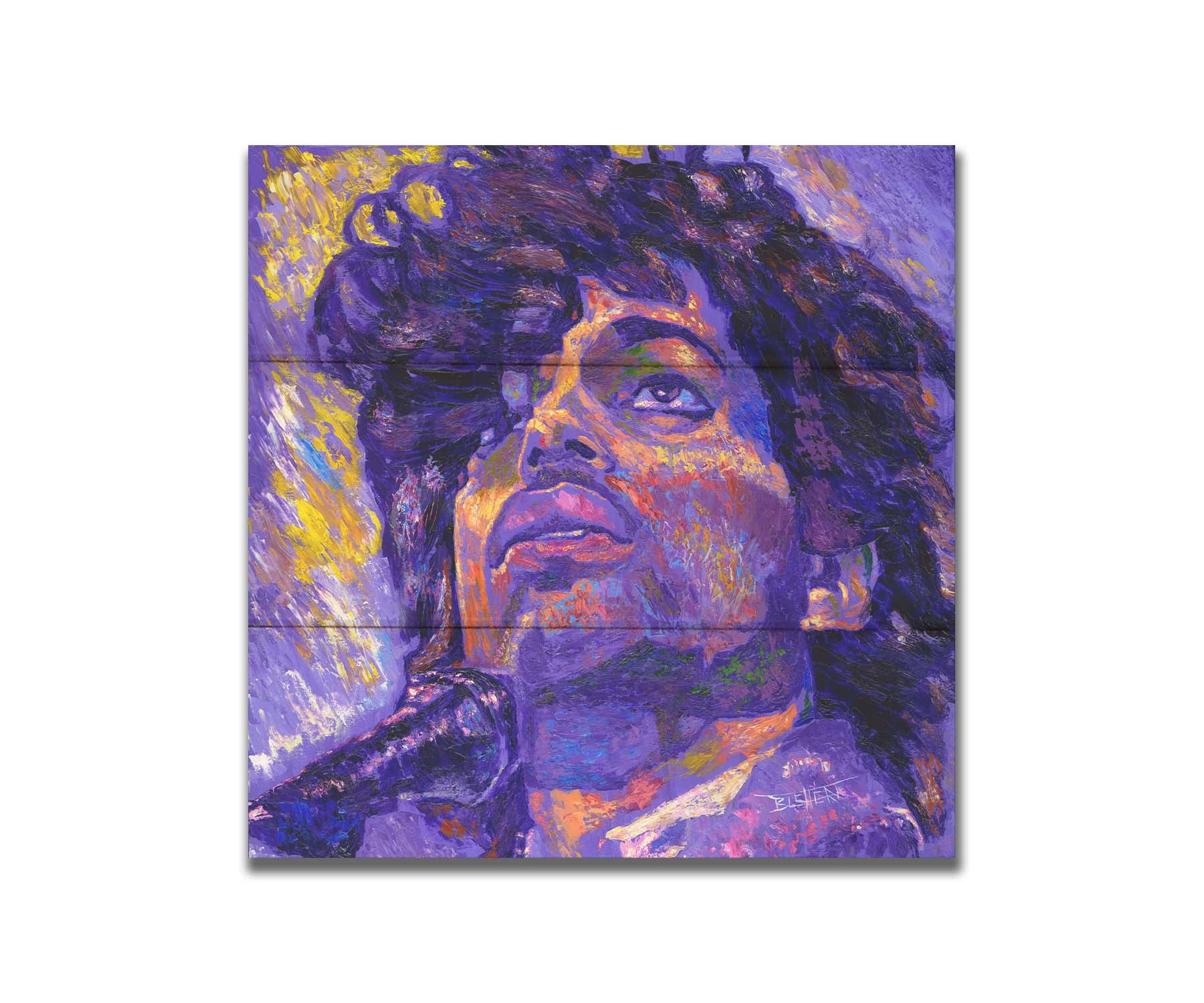 A closeup portrait painting of the famous musician Prince, performing at a microphone. It utilizes a primarily purple color palette, contrasted with yellow accents. Printed on a box board.