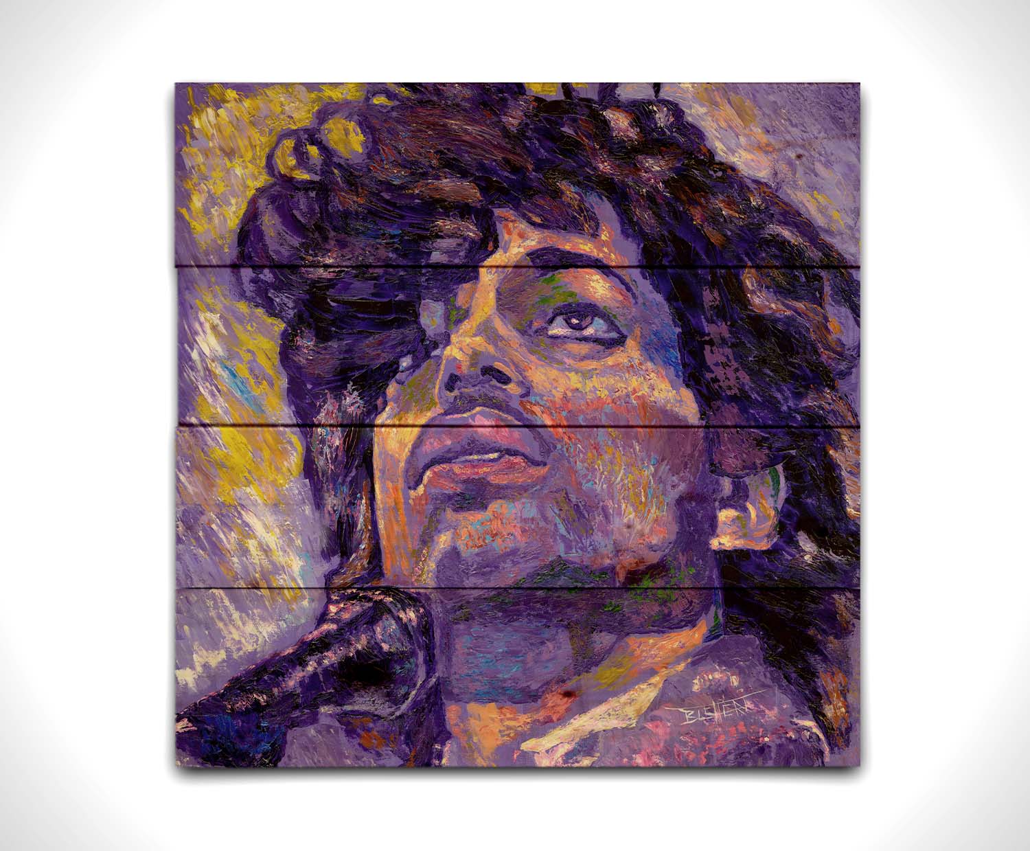 A closeup portrait painting of the famous musician Prince, performing at a microphone. It utilizes a primarily purple color palette, contrasted with yellow accents. Printed on a wood pallet.