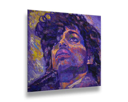 A closeup portrait painting of the famous musician Prince, performing at a microphone. It utilizes a primarily purple color palette, contrasted with yellow accents. Printed on metal.