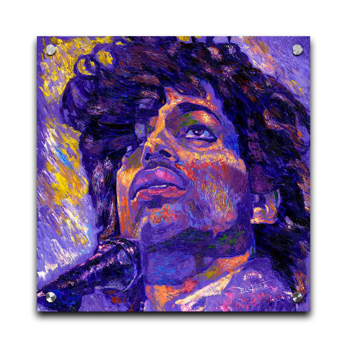 A closeup portrait painting of the famous musician Prince, performing at a microphone. It utilizes a primarily purple color palette, contrasted with yellow accents. Printed on acrylic.