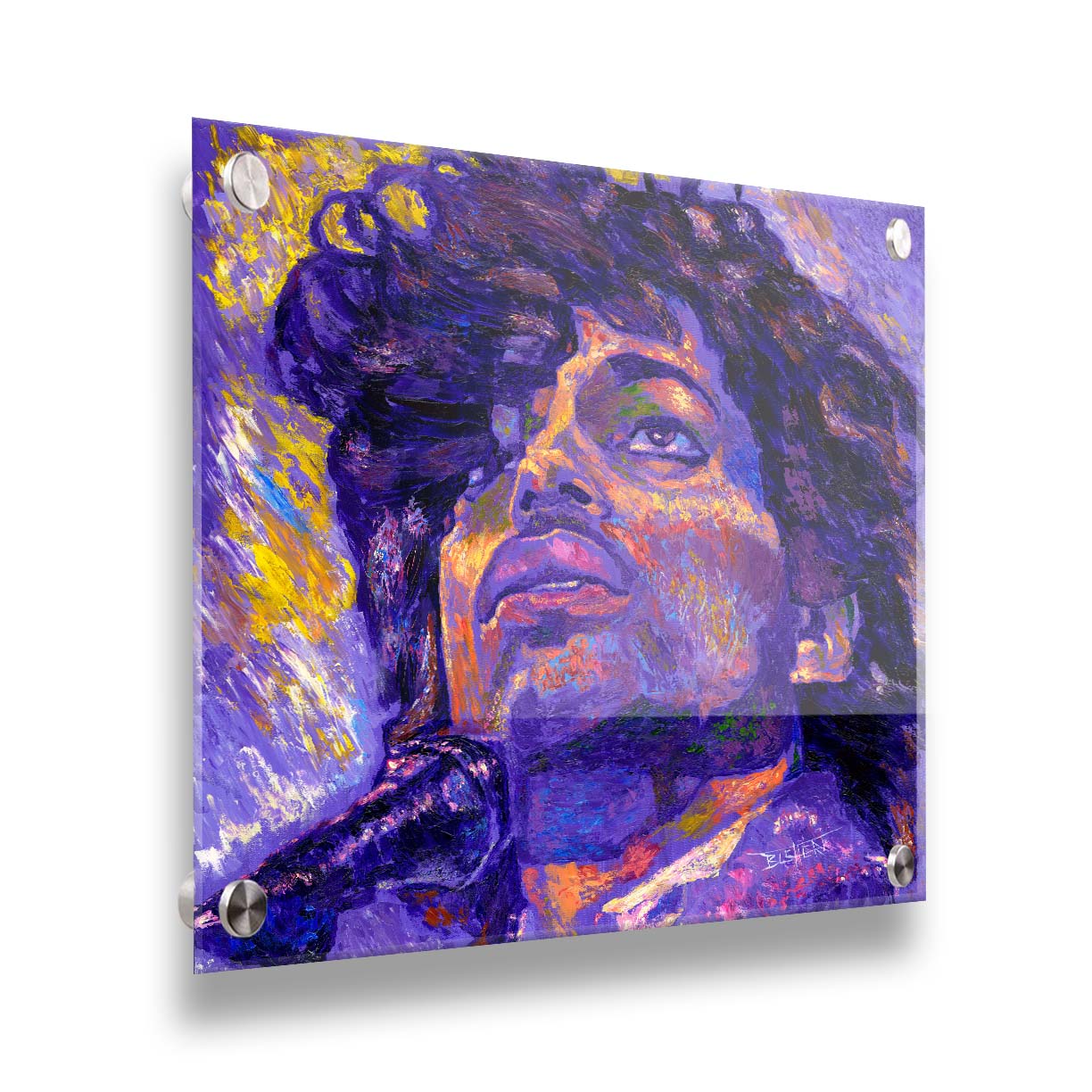 A closeup portrait painting of the famous musician Prince, performing at a microphone. It utilizes a primarily purple color palette, contrasted with yellow accents. Printed on acrylic.