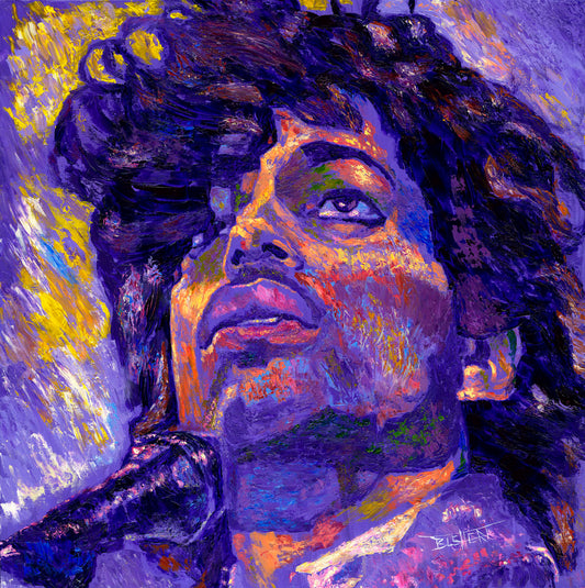 A closeup portrait painting of the famous musician Prince, performing at a microphone. It utilizes a primarily purple color palette, contrasted with yellow accents.