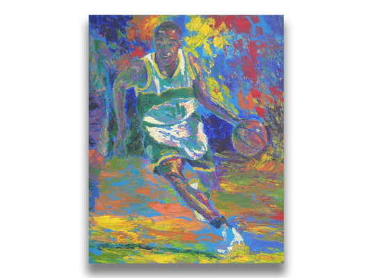 A painting of basketball star Ray Allen during his time in the Seattle Supersonics, during a game. Created using a colorful style utilizing visible brushtrokes and broken, arbitrary colors. Printed on canvas.