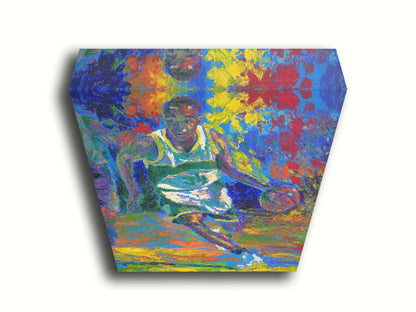 A painting of basketball star Ray Allen during his time in the Seattle Supersonics, during a game. Created using a colorful style utilizing visible brushtrokes and broken, arbitrary colors. Printed on canvas.