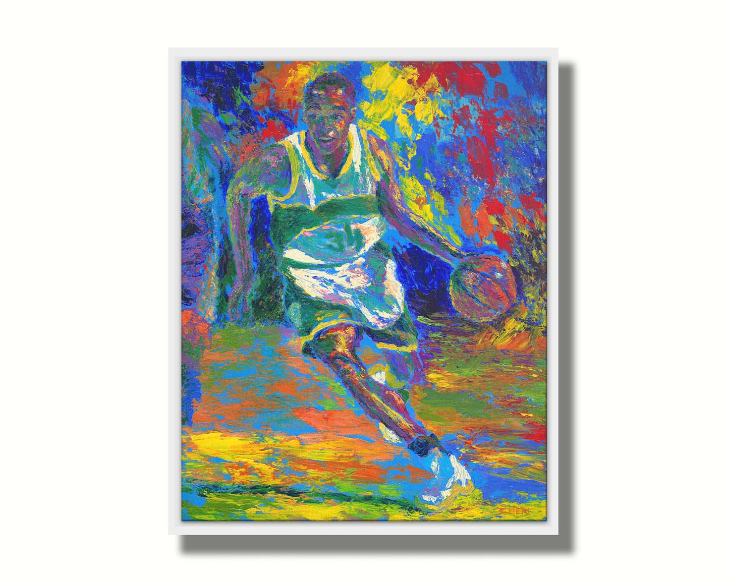 A painting of basketball star Ray Allen during his time in the Seattle Supersonics, during a game. Created using a colorful style utilizing visible brushtrokes and broken, arbitrary colors. Printed on canvas in a float frame.