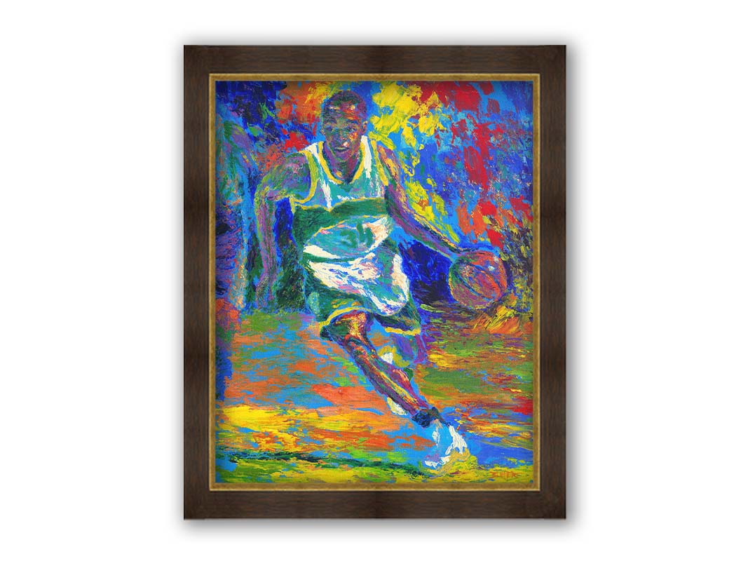 A painting of basketball star Ray Allen during his time in the Seattle Supersonics, during a game. Created using a colorful style utilizing visible brushtrokes and broken, arbitrary colors. Printed on canvas and framed.